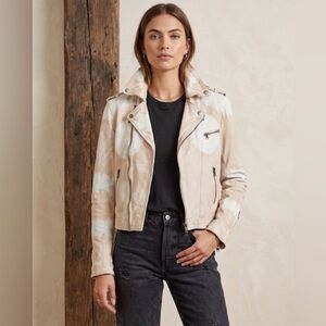 Jakett New York 100% Leather Cream and White Tie-Dye Moto Jacket Size M